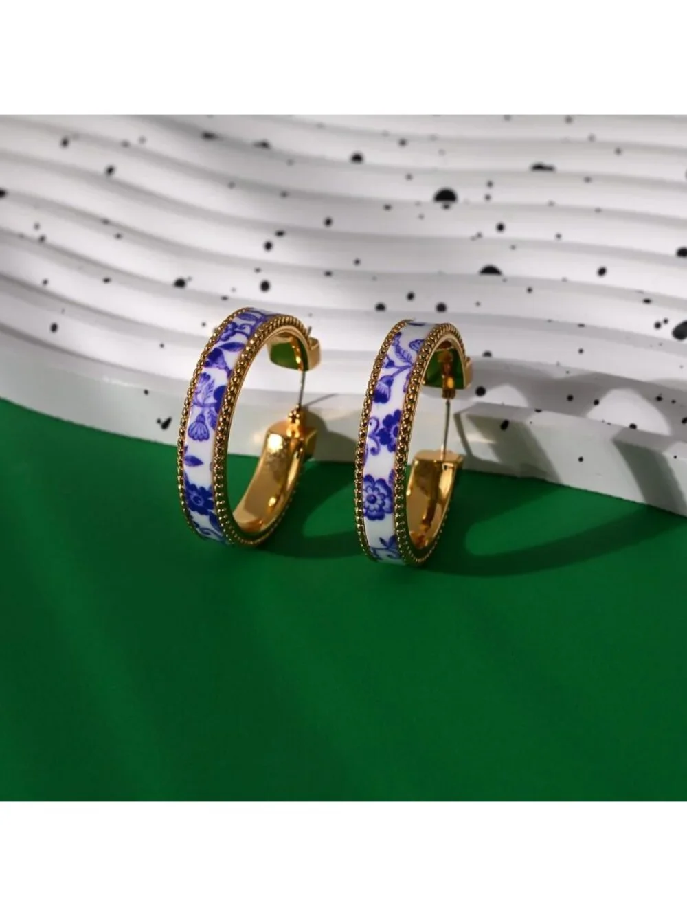 Hand-Painted Chunky Blue & White Porcelain Hoop Earrings - Vintage Artistic